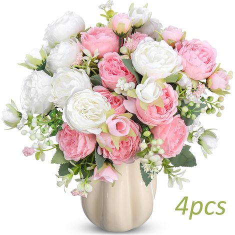 4 bouquets de pivoines artificielles, faux bouquets de pivoines pour mariage, centre de table, décoration de maison et de mariage, arrangement floral de mariée (blanc + rose) (1/5)