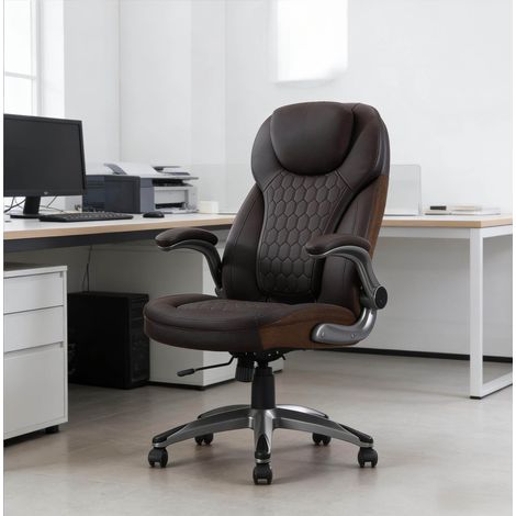 Silla de oficina ejecutiva, respaldo alto, altura regulable 9.5 cm, función basculante, metal nylon PU malla marrón (1/5)