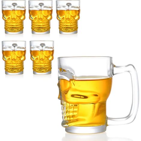 Gobelets crâne verre bière chope Shot Chupito tasse whisky vodka amer vin rhum spiritueux idée cadeau anniversaire fête des pères halloween bar pub skull crâne 6 pièces 360 ml (1/5)