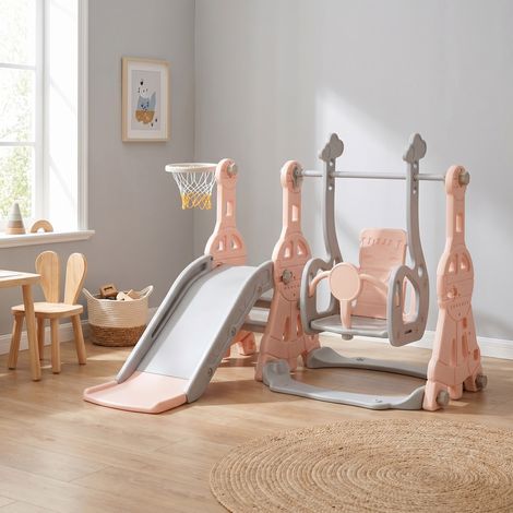 Parco giochi per bambini 4 in 1 con scivolo, altalena e canestro da basket, 140x118x102 cm, in HDPE, Rosa
