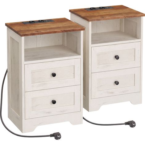 Table de Chevet avec Prise et Ports USB, 2 Tiroirs, Style Traditionnel, 40 x 30 x 59 cm, Blanc et Brun