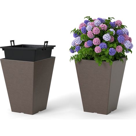 COSTWAY Square Taper Planter Set of 2 35cm Self-Watering Flower Pots-Brown (1/5)