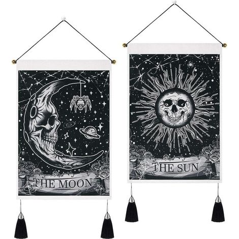 Lot de 2 35 x 50 cm petites tentures murales avec pompons, motif squelette gothique, Halloween et lune Tapisserie murale pour chambre à coucher, salon (1/4)