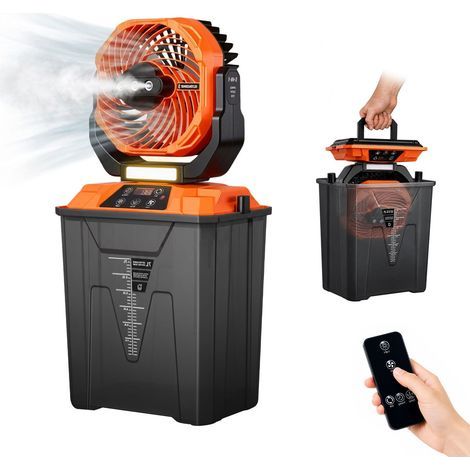 Ventilateur Brumisateur Extérieur Orange Batterie 20000mAh Oscillant à 90°, Réservoir 7L avec Télécommande Lampe LED pour Camping Terrasse