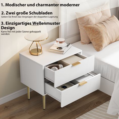 Table de nuit blanche à motif ondulé, 2 tiroirs, chevet moderne avec pieds en métal, meuble de chambre, 1 pièce (1/5)