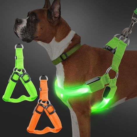Leuchtgeschirr für Hunde – 2 LEDs, wiederaufladbar, 3 einstellbare Modi, retroreflektierend, für nächtliche Spaziergänge, geeignet für kleine bis mittelgroße Hunde, Orange + Grün (Größe M) (1/5)