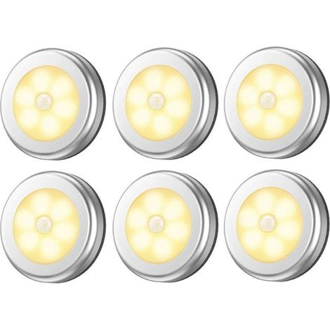 Lot de 6 lampes à détecteur de mouvement, veilleuse LED à piles, à coller n'importe où sous l'armoire, lumières d'escalier, appliques murales (1/5)