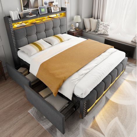 Lit capitonné moderne 140x200 cm gris, avec tête de lit rangement, USB, LED et tiroir sous lit (1/5)