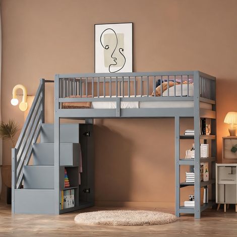 Mezzanine enfant 90 x 200 en bois gris avec rangements et échelle (1/5)
