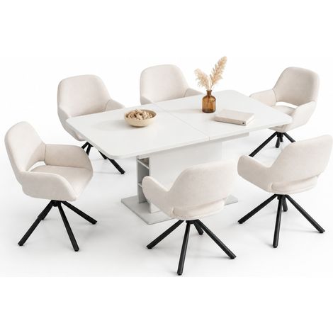 ELVMI Conjunto de Mesa y Sillas con 1 Mesa Extensible y 6 Sillas, Almacenamiento Central, Madera, Metal y Sherpa, Blanco (1/5)