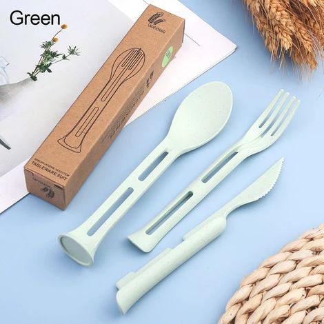 3pcs / set 3 en 1 Voyage Portable Couverts Ensemble Japon Style Paille De Blé Couteau Fourchette Cuillère Étudiant Vaisselle Ensembles Cuisine Vaisselle Vert