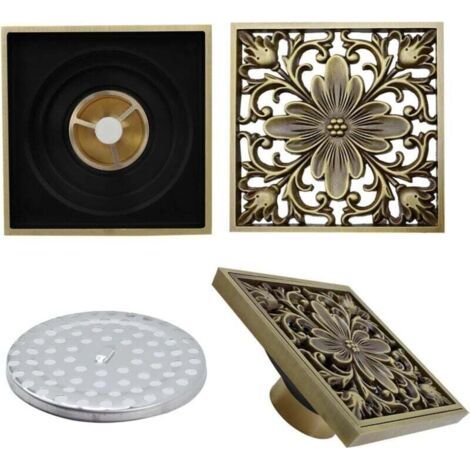Green Mobility-Bonde de sol en laiton  pour salle de bain – Bonde de douche carrée simple, ornée d'un motif floral antique, pour WC de jardin, 10 x 10 cm - 8732T (1/4)