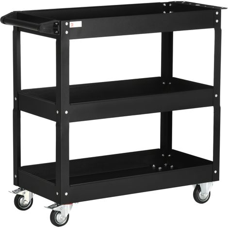 Carro de taller de acero negro con 3 estantes y ruedas con asa, 150 kg, 83 x 35,3 x 76 cm (1/5)