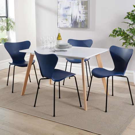 Dining Table Set 120cm White Top Wooden Legs 4 Curved Plastic Metal Blue Chairs (1/5)