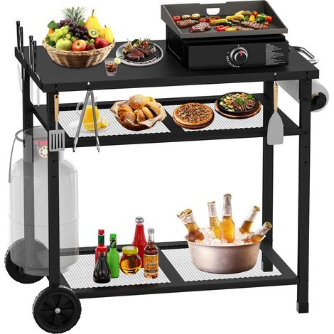 Chariot de barbecue multifonction à 3 étages avec porte-serviettes en papier et crochets, table d'appoint pour l'extérieur (noir) (1/5)