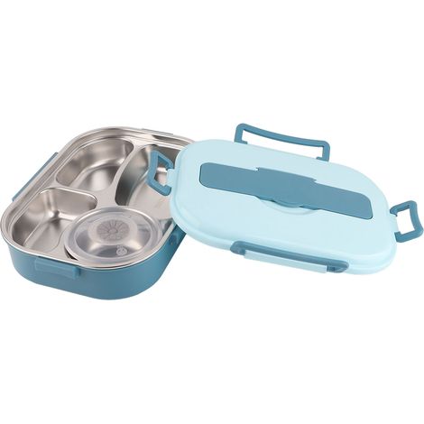Boîte à lunch en acier inoxydable à 4 compartiments, boîte bento portable, récipient de rangement pour aliments pour étudiants et adultes, boîte à lunch à 4 compartiments avec bol à soupe : bleue (1/5)