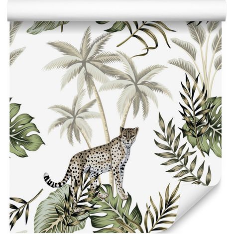 Papel pintado de gatos salvajes y hojas para salón y dormitorio, 50x1000 cm (1/5)