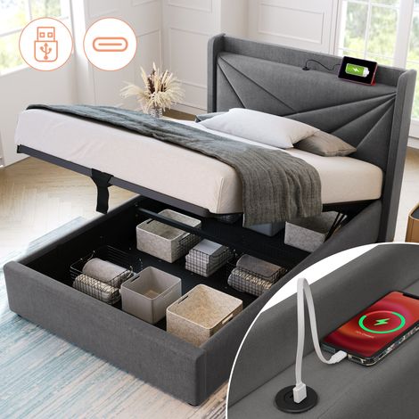 Cadre de lit 90x200 cm avec rangement intégré, table de chevet USB-C, tête de lit en lin, sommier à lattes fourni (matelas inclus)