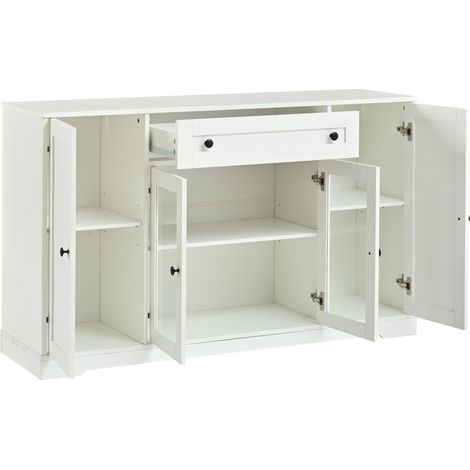 Buffet blanc moderne avec 4 portes, 2 portes vitrées, 1 tiroir, 138 x 40 x 83 cm (1/5)