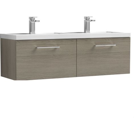Balterley Bramshall 1200mm Wall Hung 2 Drawer Vanity Unit & Double Basin for Modern Bathroom Storage - Solace Oak