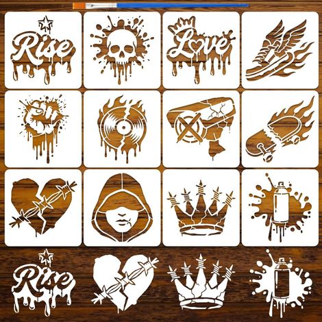 12Pièces Pochoirs Art Graffiti De Rue Avec Pinceau 15x15cm (1/5)