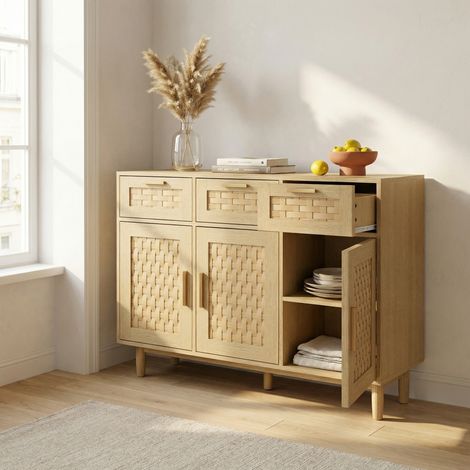 Buffet en bois effet rotin, bahut, meuble de rangement, 108x40x80 cm, 3 tiroirs et 3 portes avec anti-basculement, style bohème contemporain, pour salon cuisine, Chêne clair