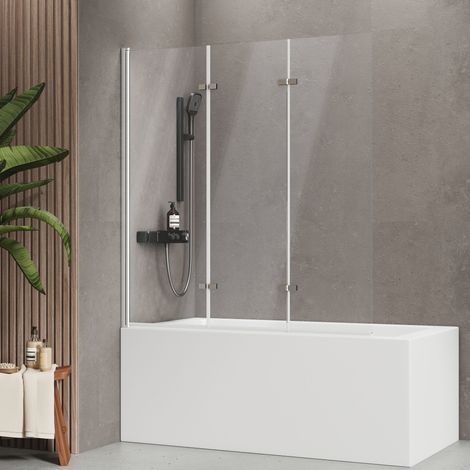 EMKE Badewannenfaltwand 140x130 cm Chrom, 3-teilig, Duschwand für badewanne 6mm ESG Sicherheitsglas mit Nano-Beschichtung