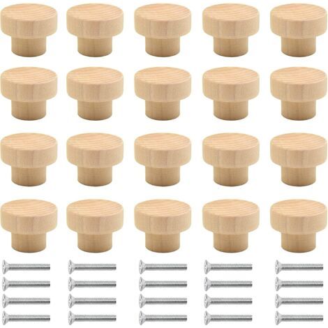 Poignée En Bois Naturel - Poignée Ronde Pour Meuble Porte Tiroir Armoire Cuisine - 20 Pièces - Diamètre 35 mm Hauteur 25 mm - Vis M4 × 25 mm (1/5)
