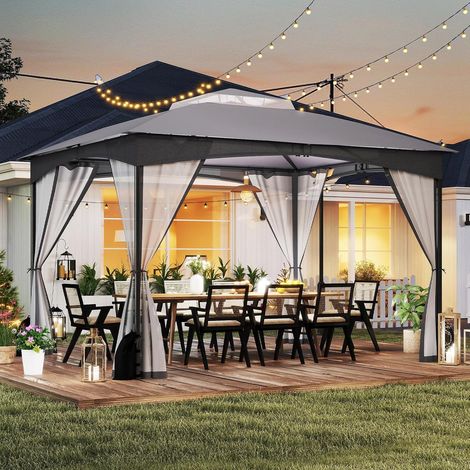 Tonnelle de Jardin Exterieur avec Moustiquaire, Pavillon de Jardin, Protection Solaire, Cadre Métallique, Sacs de Sable, Montage sans Outil, Tente de Reception pour Terrasse Patio (Gris) (1/5)