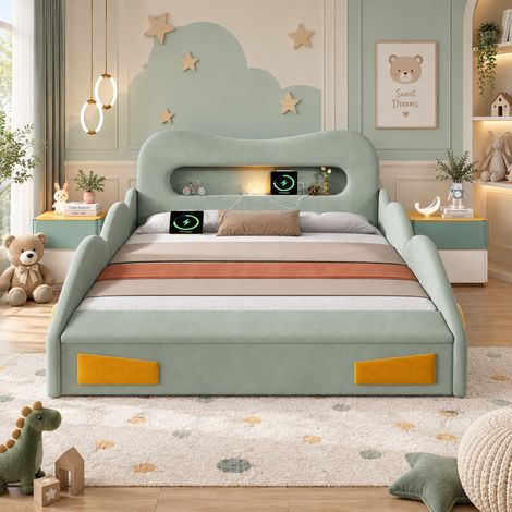Lit voiture enfant 140x200 cm en velours, lit rembourré avec lampe de lecture, port USB et coffre de rangement - Vert (1/5)