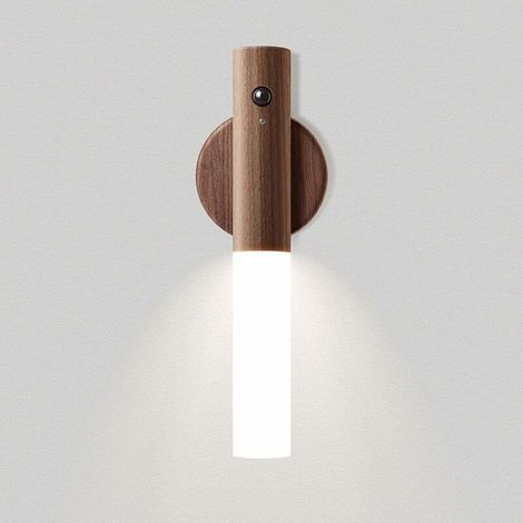 RHG Applique Murale Interieur Bois Led Night Lights Alimenté par Batterie Portable Applique Lampe Murale Sans Fil Rechargeable Induction Night Light avec Aimant pour Escaliers Couloir Ménage (Brun) (1/5)