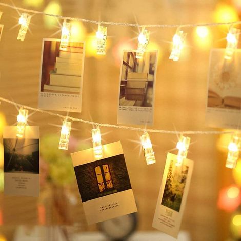 Guirlande Lumineuse à Pince - 20 LED Blanc Chaud - 3 m - Fonctionne sur Piles - Pour Accrocher Photos Tableaux Décoration Murale - Lot de 1 (1/5)