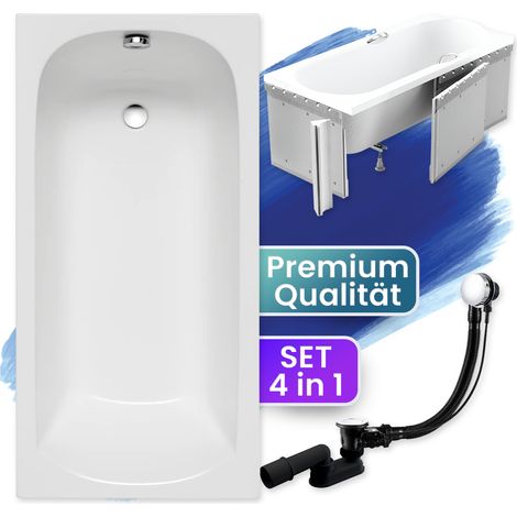 Badewanne Rechteck 150x75 mit Styroporverkleidung, Ablaufgarnitur & Füßen GRATIS - Komplettset 4in1 Original Acryl Wanne Siphon - BADLAND CLASSIC