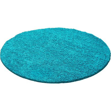 Tapis Rond Shaggy Uni Poils Longs Tapis Salon Chambre (Turquoise - 120x120cm)