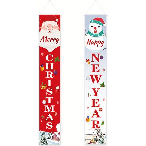 Bannière décorative à carreaux avec le Père Noël et un nouveau couplet de Noël 2026 - 180 x 30 cm - SDJDL-17