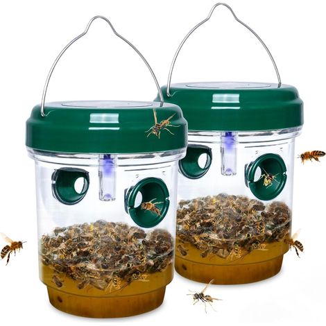 A set of two solar-powered wasp traps and an outdoor hanging bee trap (green).