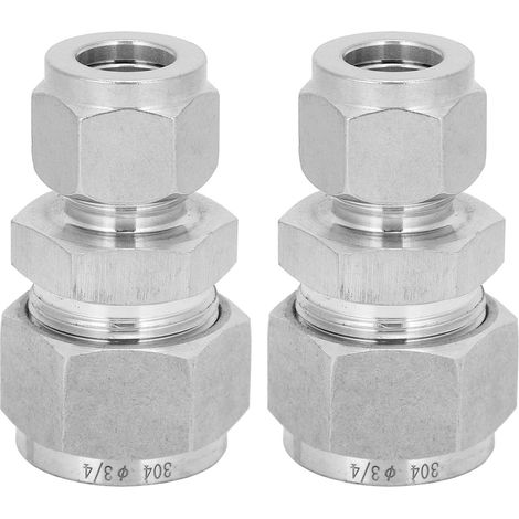 2 Raccords de tube à compression droits, acier inoxydable 304, double bague, réducteur union Ф1/2-Ф3/4 (1/5)