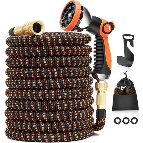 15m Garden Hose, 50FT Kink Resistant Expandable Garden Hose, 10 Pattern Flexible Garden Hose 3/4" & 1/2" Rotating Nozzle Copper, Hose Holder, Storage Bag