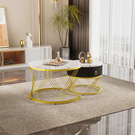 Table basse modulaire élégante : aspect marbre, décor doré, table d'appoint avec tiroirs – lot de 2