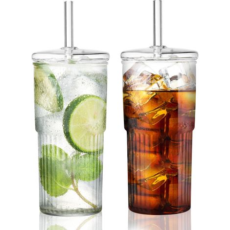 Lot de 2 gobelets en verre avec couvercle et paille - 600 ml - Pour café glacé, café, soda, cocktail, boissons froides ou chaudes (1/5)