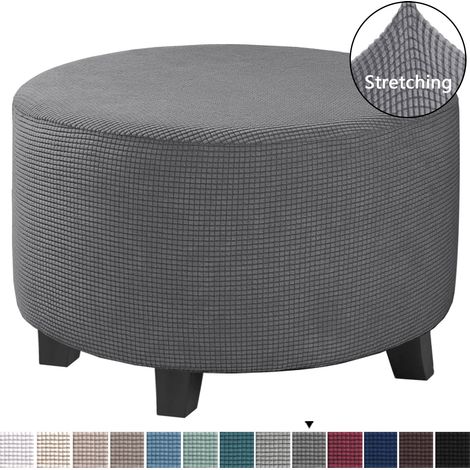 Housse de pouf rond extensible, housse de tabouret rond, protège-repose-pieds en tissu jacquard spandex lavable, gris, taille M (1/5)