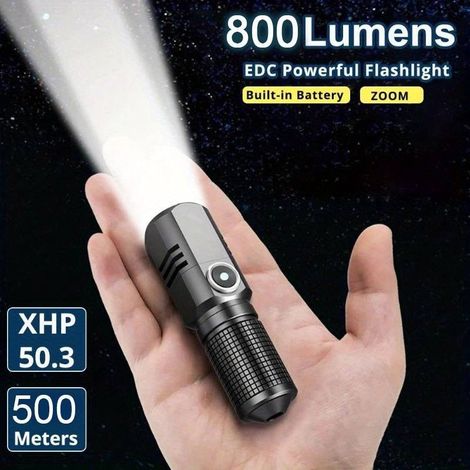 Torcia LED ultra-mini, 1500 lumen, batteria ricaricabile tramite USB, super luminosa, messa a fuoco regolabile, impermeabile, adatta per campeggio e uso notturno (1 pezzo). (1/5)