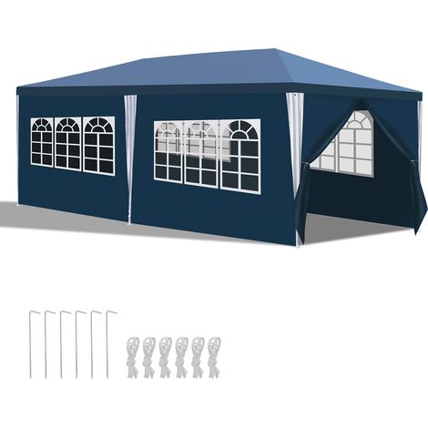 Wolketon 3x6M Tonnelle avec 6 Bâche Latérales Amovibles et 4 Fenêtres Décoratives, Gazebo de Jardin Rapide à Installer,Bleu (1/4)