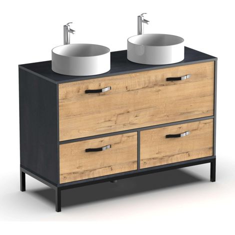 Meuble de salle de bain double, largeur 120cm, industriel, Noir et Chêne Gold, avec structure à pieds, 2 tiroirs et 1 porte, pour lavabos à poser, modèle Sena (1/5)