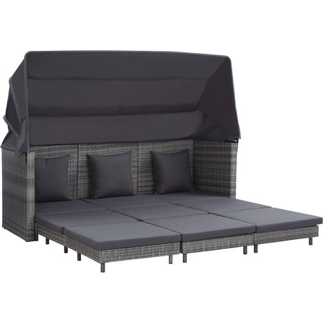 Ausziehbares 3-Sitzer-Schlafsofa mit Dach Poly Rattan Grau