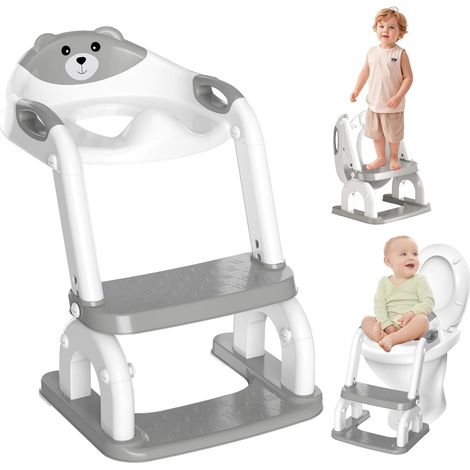 Réducteur WC Enfant 2-en-1 - Pliable Réglable 8 Niveaux - Escalier Antidérapant - Coussin PU - Pour Toilettes V O U - Gris