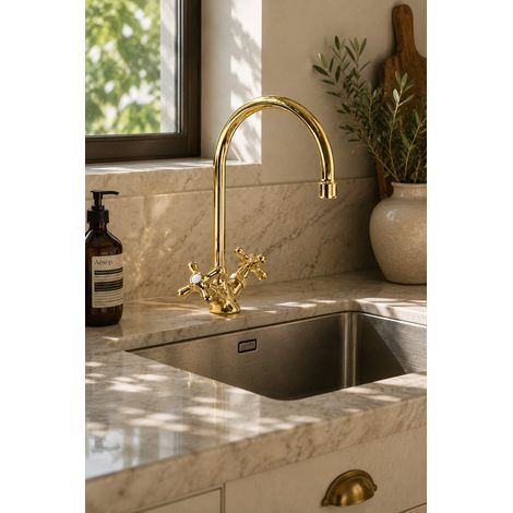 Rubinetto per lavello a due maniglie con bocca alta serie ombrello Oro lucido Piralla Rubinetteria Sofia 0SFOR104C17  Oro (1/5)