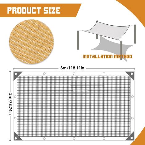 Toile d'ombrage rectangulaire 2 x 3 m, voile d'ombrage anti-UV en HDPE, avec œillets renforcés, pour pergola, terrasse, jardin, piscine et extérieur (1/4)
