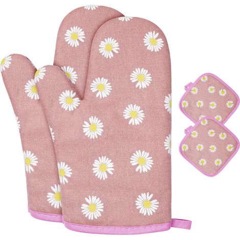 Gants de Four, 1 Paire Gants de Cuisine Coton avec 2 Maniques Cuisine, Lavable Gant Cuisine Four, Gants de Cuisine Antidérapants, Gant Cuisine Anti Chaleur pour Barbecue, Cuisson (fleurs bleues)