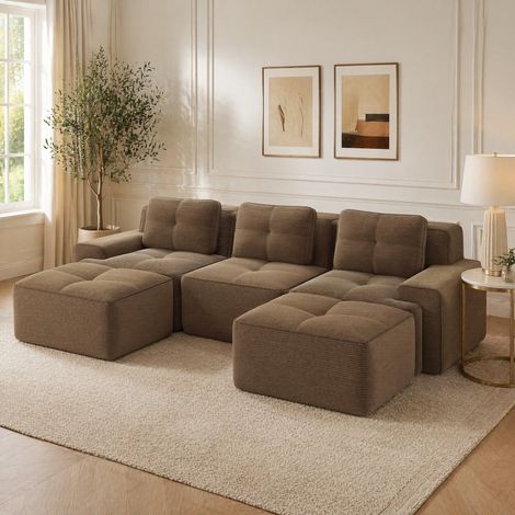 Sofá modular en U de pana marrón, 3 plazas, sin montaje, con otomana, OKWISH (1/5)